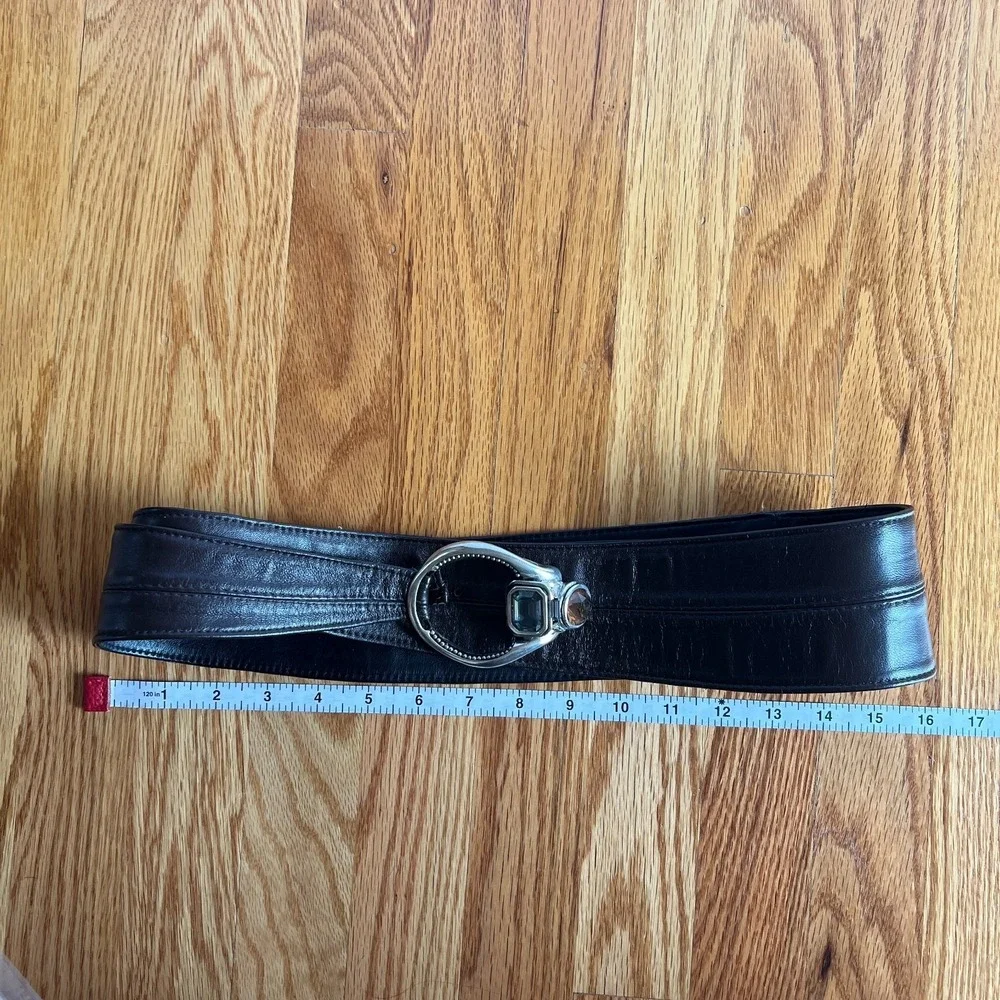 Y2K Wide Brown Leather Belt Silver Gem‎ Buckle Western Glam Statement M/L 39